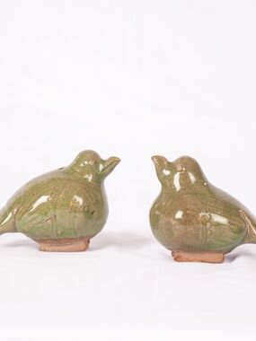 Pair of Ceramic Bird Incense Holders from Thailand - Green Glazed Folk Art